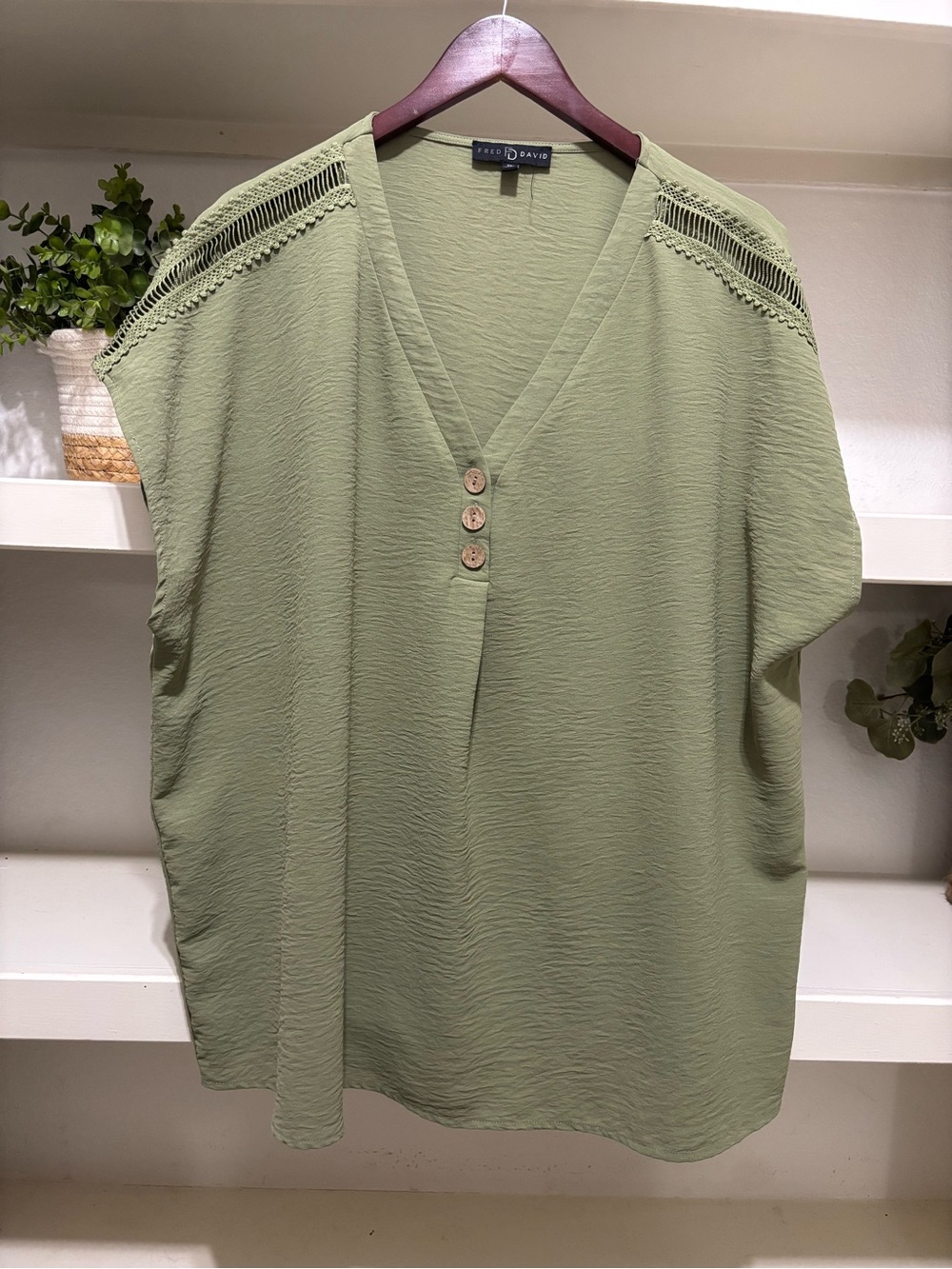 Fred David Olive Green V-Neck Button Front Blouse with Lace-Trim Shoulders